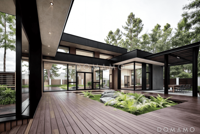 Проект одноэтажного дома с зоной барбекю, сауной и гаражом