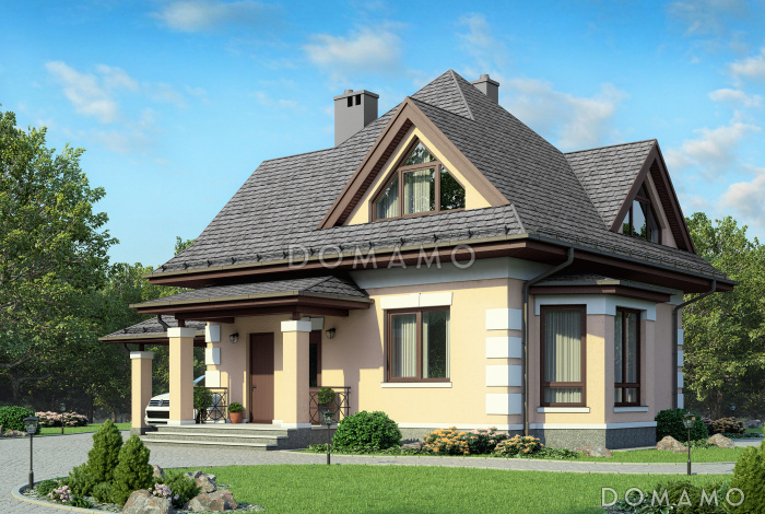 Проект дома из газобетона с многощипцовой крышей и навесом для авто