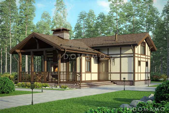 Проект дома с просторной крытой террасой с барбекю, гостиной с кухней-столовой, сауной и душевой, вторым светом и спальней на мансарде