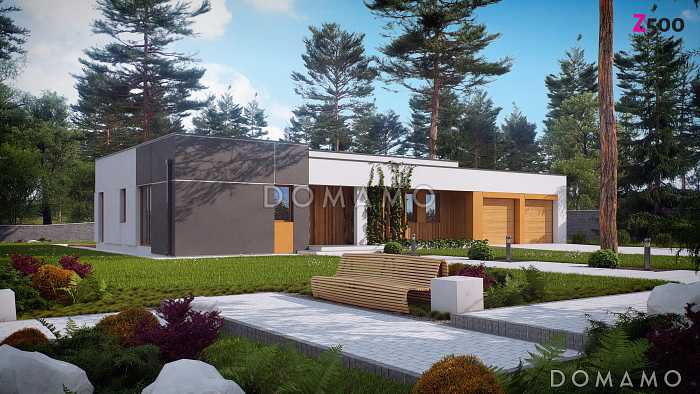 Проект просторного современного одноэтажного дома из газобетона с  тремя спальнями и гаражом с двумя отдельными въездами