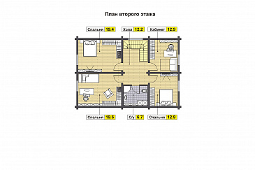 Проект дома с террасой, двумя спальнями на первом этаже, гостиной с кухней-столовой / План мансардного этажа