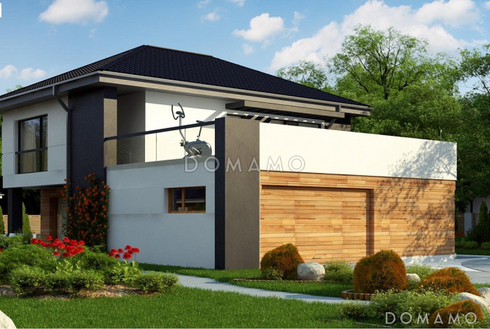 Проект современного двухэтажного коттеджа из кирпича с дополнительной комнатой на первом этаже и большим гаражом и террасой над ним 