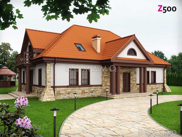 Проект комфортного одноэтажного мансардного дома из газобетона для двух семей в стиле русской усадьбы