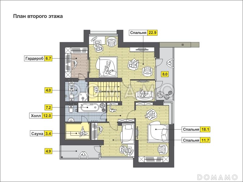 Проект загородного дома с косой крышей, открытой террасой, двумя балконами, панорамными окнами / План мансардного этажа