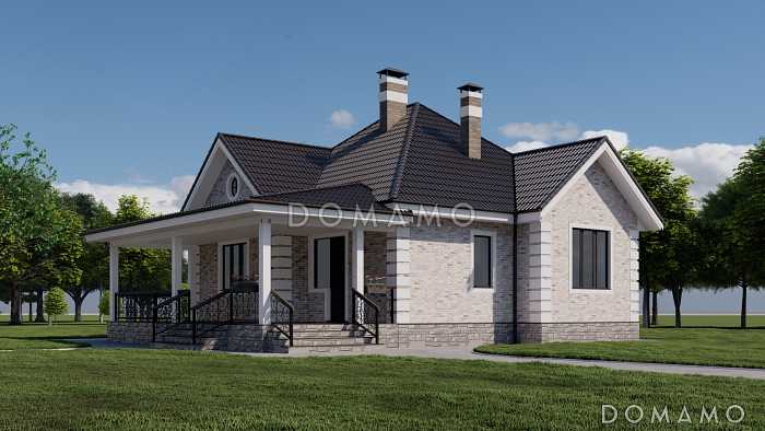 Проект одноэтажного кирпичного дома с двумя спальнями и просторной террасой