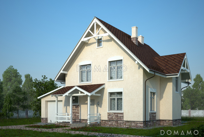 Проект бежевого оштукатуренного коттеджа с гаражом и эркером в гостиной