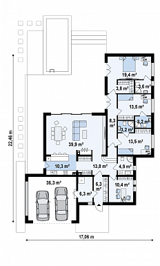 Проект просторного современного одноэтажного дома из газобетона с плоской крышей, с большой гостиной, террасой и гаражом  / План 1 этажа