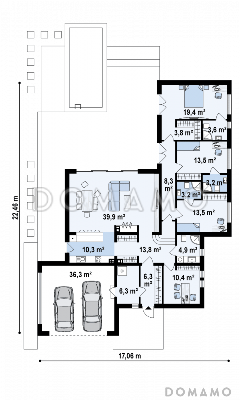 Проект просторного современного одноэтажного дома из газобетона с плоской крышей, с большой гостиной, террасой и гаражом  / План 1 этажа