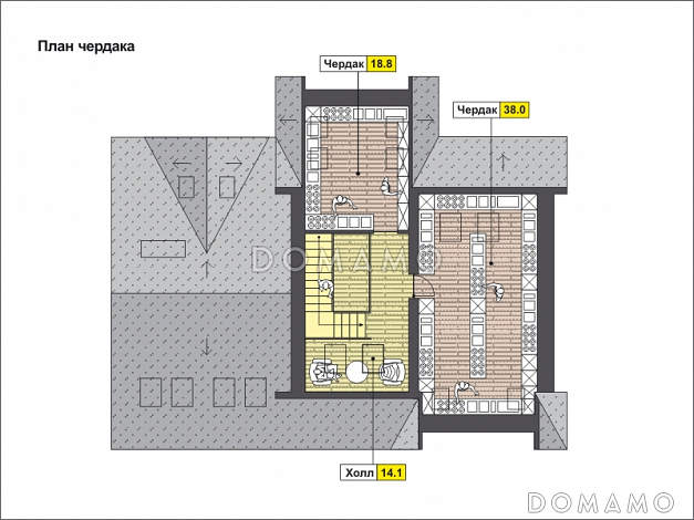 Проект загородного дома с эркером, с гаражом на две машины, двумя большими балконами и террасами / План мансардного этажа