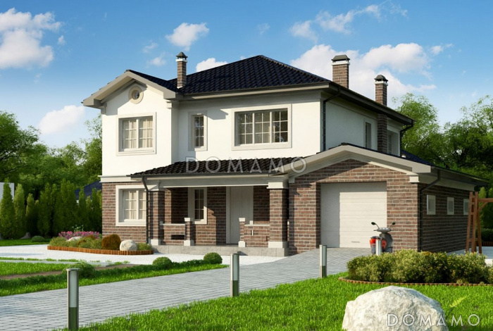 Проект современного двухэтажного дома из кирпича с пятью комнатами, гаражом и крытой террасой