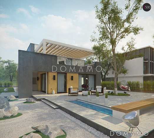 Проект современного двухэтажного дома из газобетона в стиле модерн, с террасой на втором уровне и встроенным гаражом 