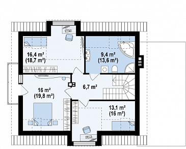 Проект одноэтажного мансардного дома из газобетона с остеклённым прямоугольным эркером, панорамными окнами на мансарде и гаражом  / План мансардного этажа