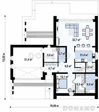 Проект современного одноэтажного мансардного дома из газобетона с панорамным остеклением, вторым светом и с гаражом  / План 1 этажа