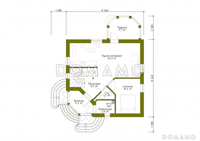 Проект квадратного коттеджа со входом с угла / План 1 этажа