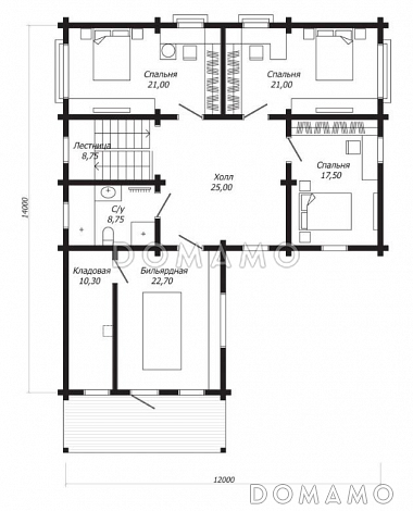Проект дома из клееного бруса с тремя спальнями с французскими балконами, бильярдной и кладовой / План 2 этажа