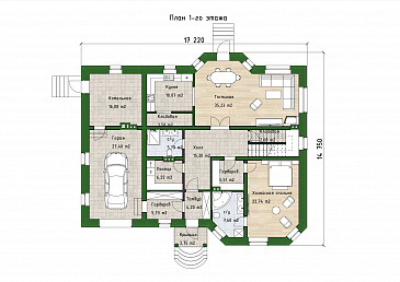 Проект кирпичного дома с 2 эркерами, 5 спальнями и гостиной с камином / План 1 этажа