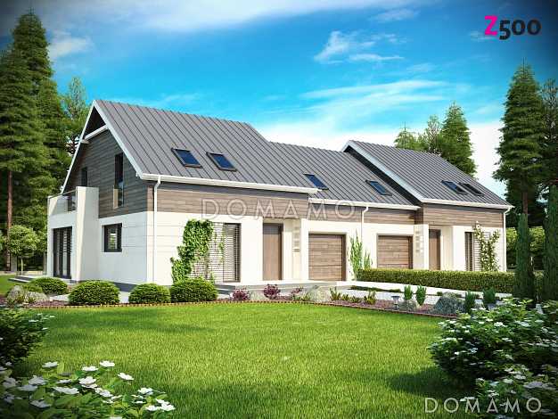 Проект современных мансардных домов-близнецов из газобетона с гаражом, тремя спальнями и балконом