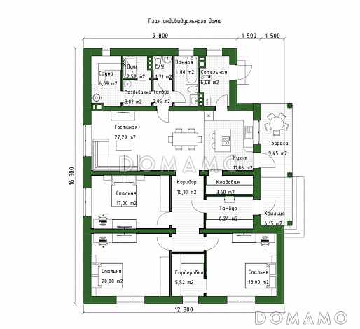 Проект одноэтажного коттеджа с сауной и крытой террасой / План 1 этажа
