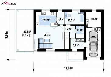 Проект двухэтажного дома с плоской крышей и второй террасой над гаражом / План 1 этажа