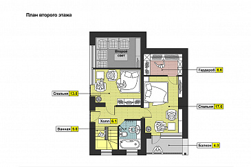 Загородный дом с односкатной крышей, круглым окном, крытой террасой и вторым светом  / План мансардного этажа
