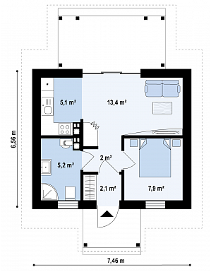 Проект небольшого уютного одноэтажного гостевого дома из газобетона  / План 1 этажа