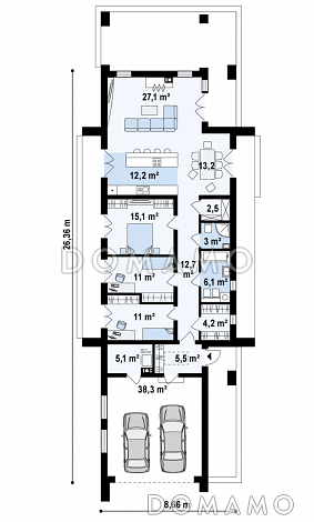Проект удобного современного одноэтажного мансардного дома из кирпича с гаражом и тремя спальнями на мансарде / План 1 этажа