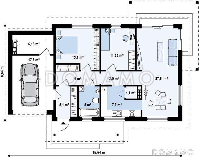 Проект одноэтажного дома из газобетона с большой светлой гостиной и с пристроенным гаражом / План 1 этажа