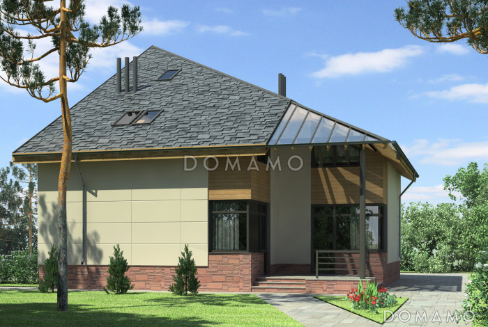 Проект квадратного загородного дома с большой гостиной, кухней-столовой, двумя террасам, вторым светом