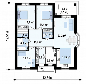 Проект одноэтажного дома с эркером в гостиной, кладовой, террасой / План 1 этажа