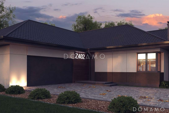 Проект просторного одноэтажного дома из кирпича с четырьмя спальнями, гаражом и панорамным остеклением гостиной