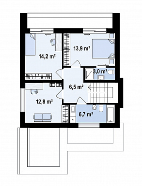 Проект загородного дома с плоской крышей, кладовой под лестницей, вытянутой ванной на втором этаже / План 2 этажа
