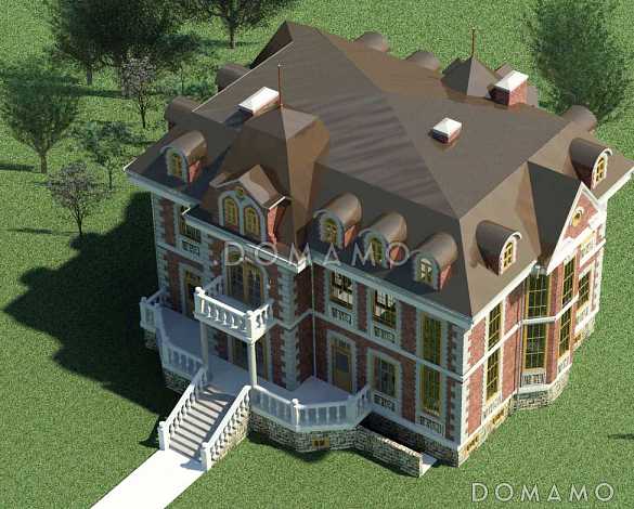 Проект двухэтажного дома с цоколем и мансардой, с сауной, бассейном и вторым светом 