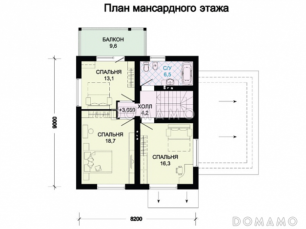 Проект коттеджа с красной двускатной крышей, тремя спальными комнатами, балконом и гаражом / План мансардного этажа