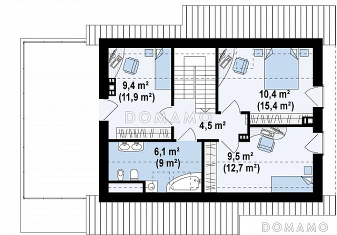 Проект компактного одноэтажного мансардного дома из газобетона с кабинетом, тремя спальнями и открытой террасой над гаражом / План мансардного этажа