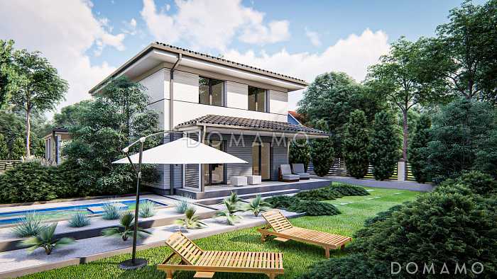 Проект дома с кабинетом, объединенной кухней и гостиной, террасой, спальнями на втором этаже