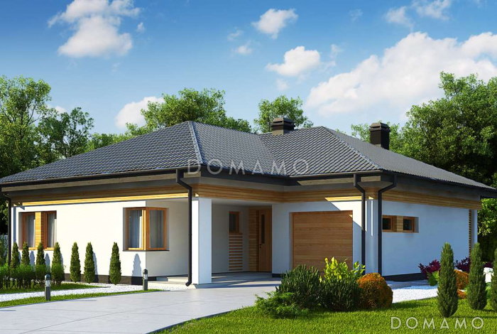 Проект одноэтажного дома из кирпича с дневной зоной в тыльной части дома и выходом на большую террасу и гаражом на один автомобиль