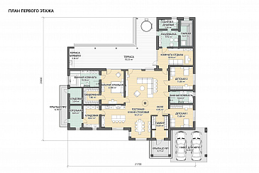 Проект каркасного дома с сауной, мастер-спальней, 2 детскими и автонавесом / План 1 этажа