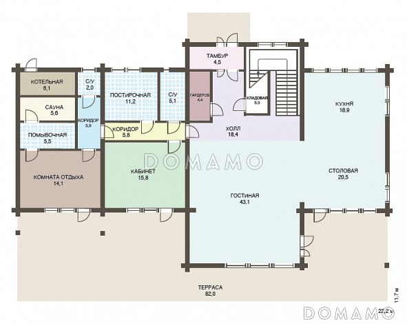 Проект двухэтажного дома из клееного бруса с кабинетом на первом этаже / План 1 этажа