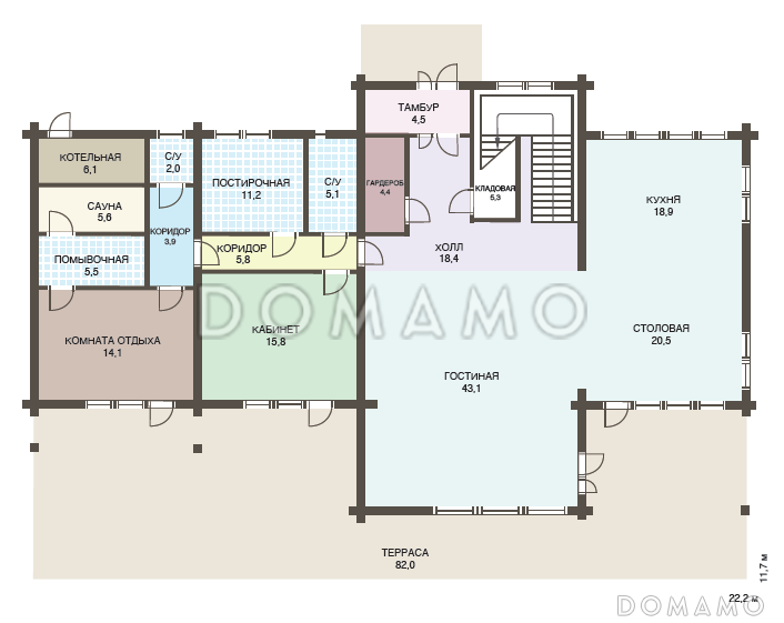Проект двухэтажного дома из клееного бруса с кабинетом на первом этаже / План 1 этажа
