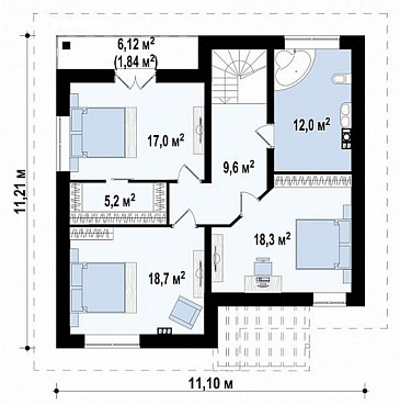 Проект дома с террасой и балконом, кладовыми, просторной ванной с окном на втором этаже / План 2 этажа