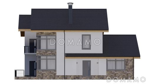 Проект двухэтажного дома из керамических блоков с двускатной крышей с подвалом, террасой и балконом / Фасад 4