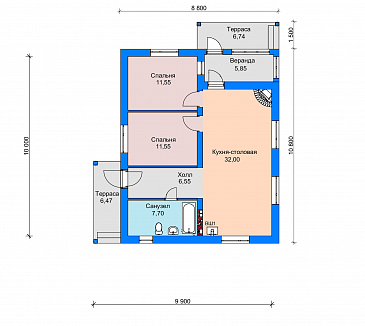 Проект одноэтажного дома с террасами и верандой, кухней-столовой, двумя спальнями / План 1 этажа