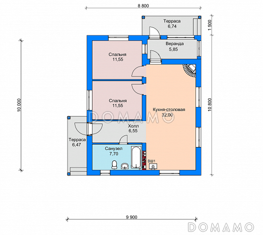 Проект одноэтажного дома с террасами и верандой, кухней-столовой, двумя спальнями / План 1 этажа