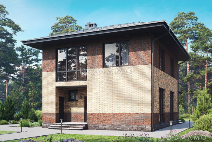 Проект двухэтажного дома с террасой, комнатой на первом этаже, кладовой, лоджией