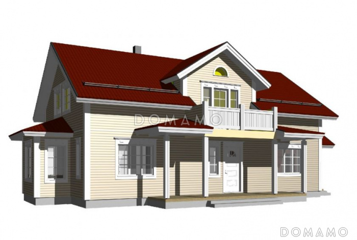 Проект каркасного дома с балконом над главным входом