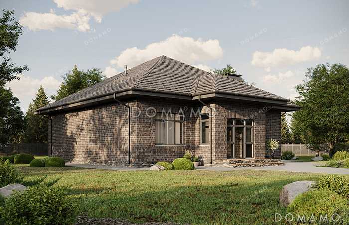 Проект практичного одноэтажного дома с крытой террасой, застекленной верандой, тремя спальнями, кабинетом и тремя санузлами