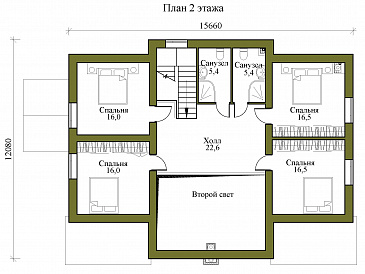 Проект двухэтажного кирпичного дома с просторной террасой, сауной и пятью спальнями / План 2 этажа