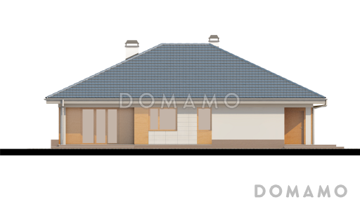Проект одноэтажного дома из кирпича с выходом на террасу из гостиной и двух спален и с гаражом на два автомобиля / Фасад 2