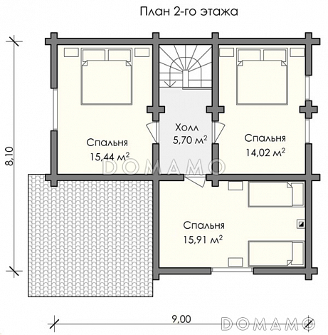 Проект дома из бревна с тремя просторными спальнями / План мансардного этажа