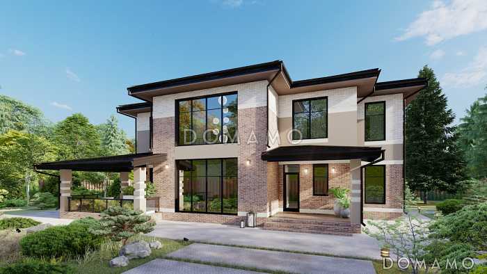 Проект дома из газобетона с 4 спальнями, кабинетом, вторым светом в гостиной и панорамными окнами